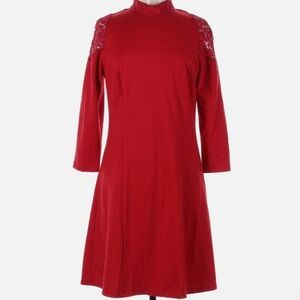Sharagano Red Midi Dress Three Quarter Length Sleeves Lace Shoulder Size 4